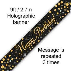 Holographic Happy Birthday Black & Gold Foil Banner